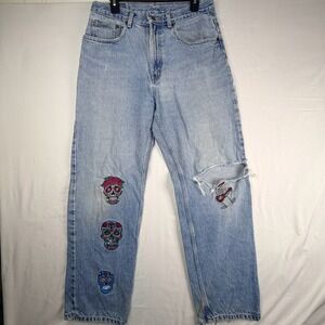 Custom Sugar Skull Embroidered Distressed Levi Straight Leg Jeans Blue